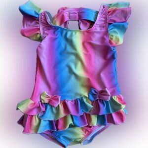 Rainbow Ruffle One-Piece Swimsuit with Bows